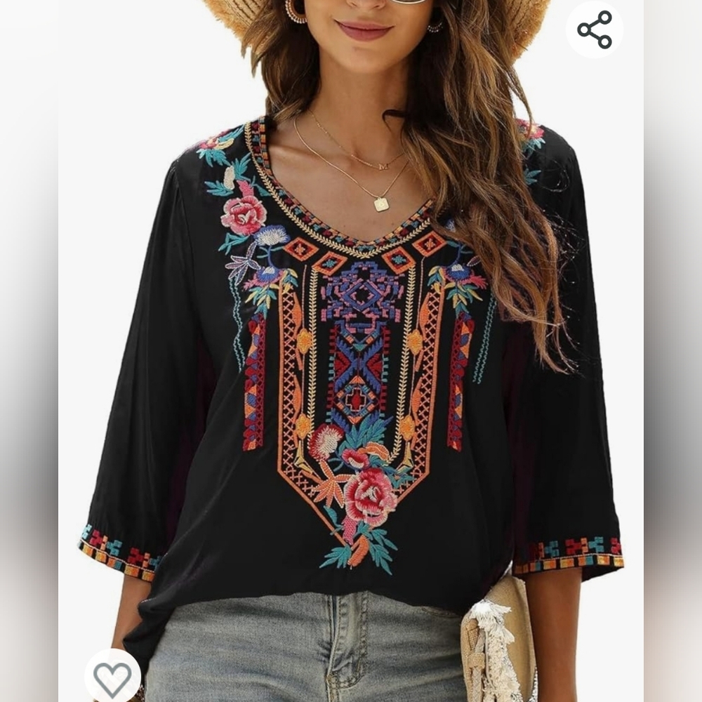 Women's  Boho Embroidered 3/4Sleeve Loose shirt